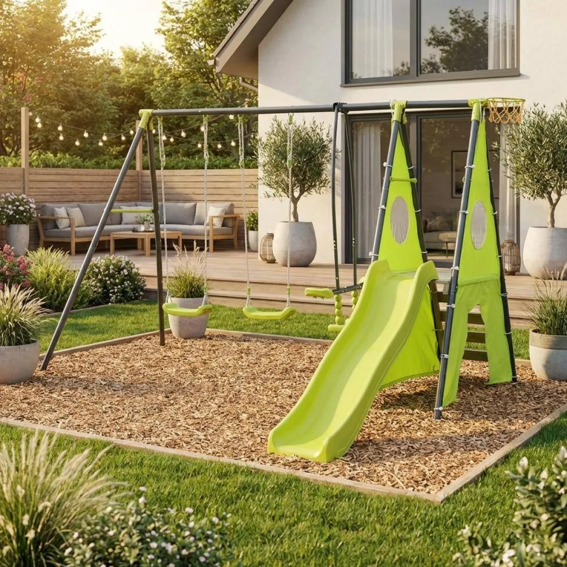 Altalena da giardino con scivolo e canestro, 6 posti