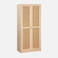 Armadio a 2 ante in canna e legno con appendiabiti e contenitori