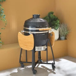 Barbecue a carbone, griglia e affumicatore, ceramica 54,5cm con ruote, ripiani e copertura
