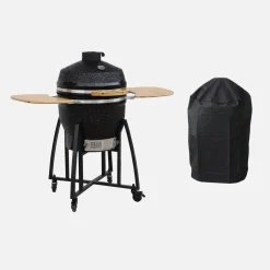 Barbecue a carbone, griglia e affumicatore, ceramica 54,5cm con ruote, ripiani e copertura