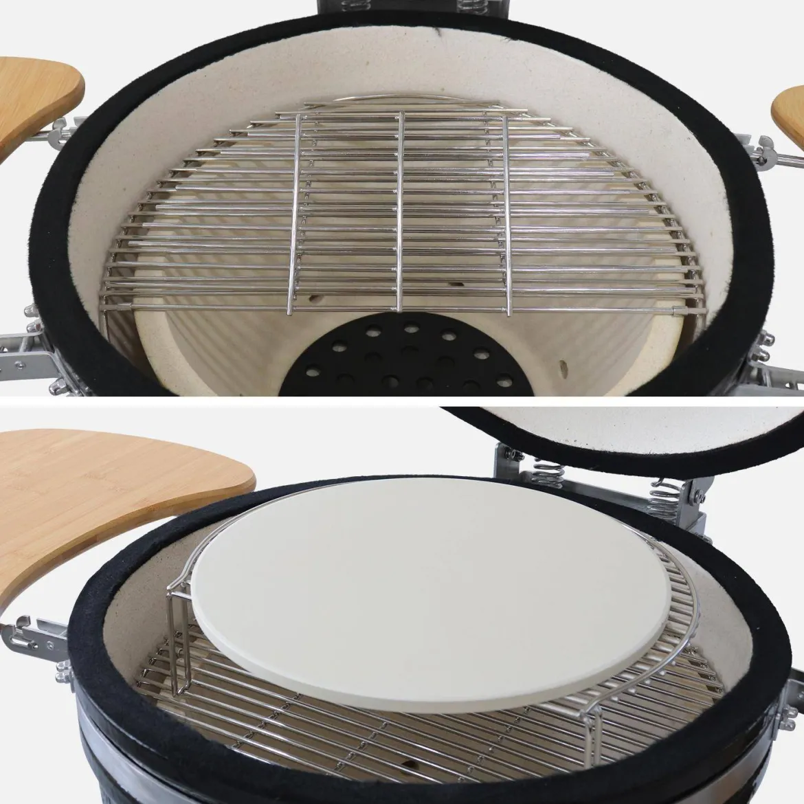 Barbecue a carbone, griglia e affumicatore, ceramica 54,5cm con ruote, ripiani e copertura