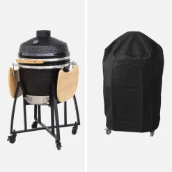 Barbecue a carbone, griglia e affumicatore, ceramica 54,5cm con ruote, ripiani e copertura