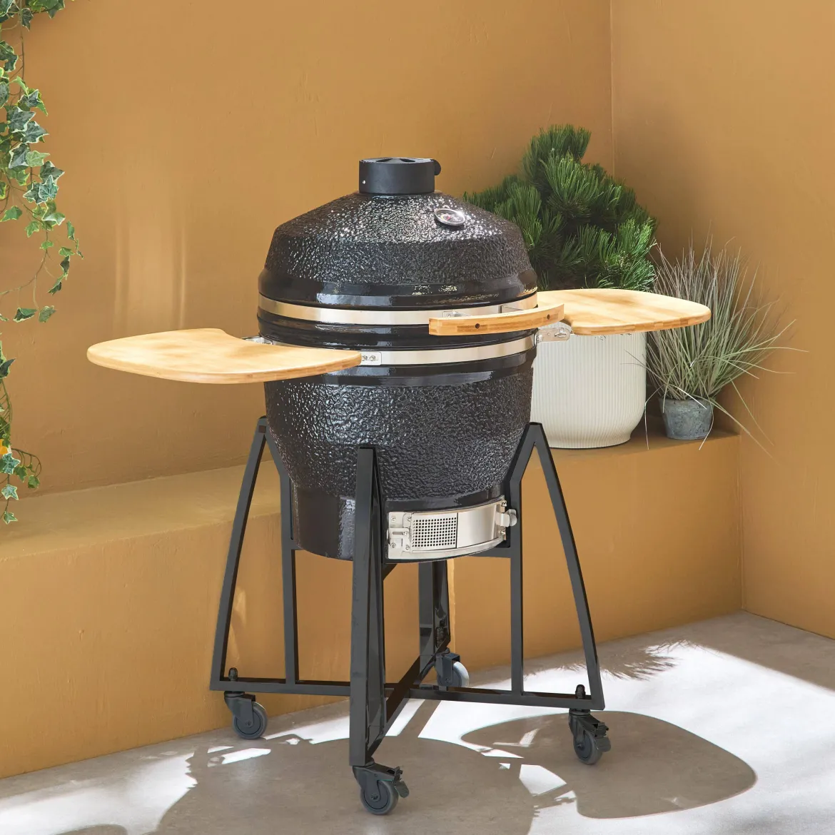 Barbecue a carbone, griglia e affumicatore, ceramica 54,5cm con ruote, ripiani e copertura