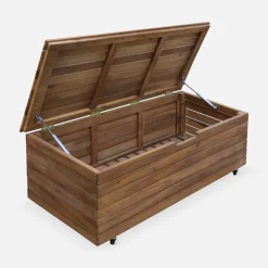 Baule da giardino in legno con rotelle, 110L