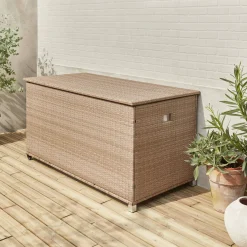 Baule da giardino in resina intrecciata con rotelle e fodera interna, 790L