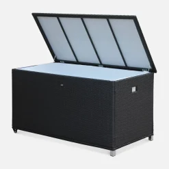 Baule da giardino in resina intrecciata con rotelle e fodera interna, 790L