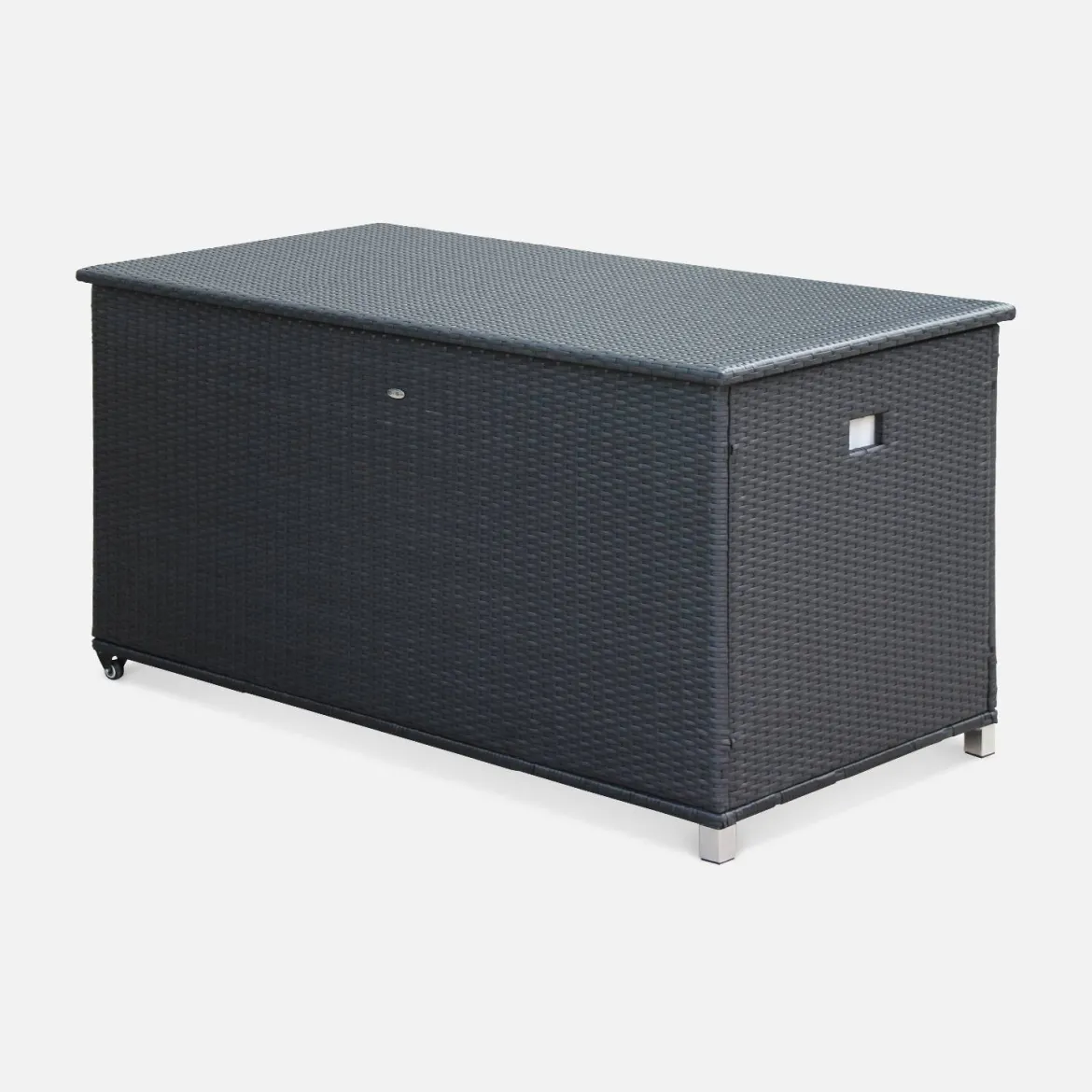 Baule da giardino in resina intrecciata con rotelle e fodera interna, 790L