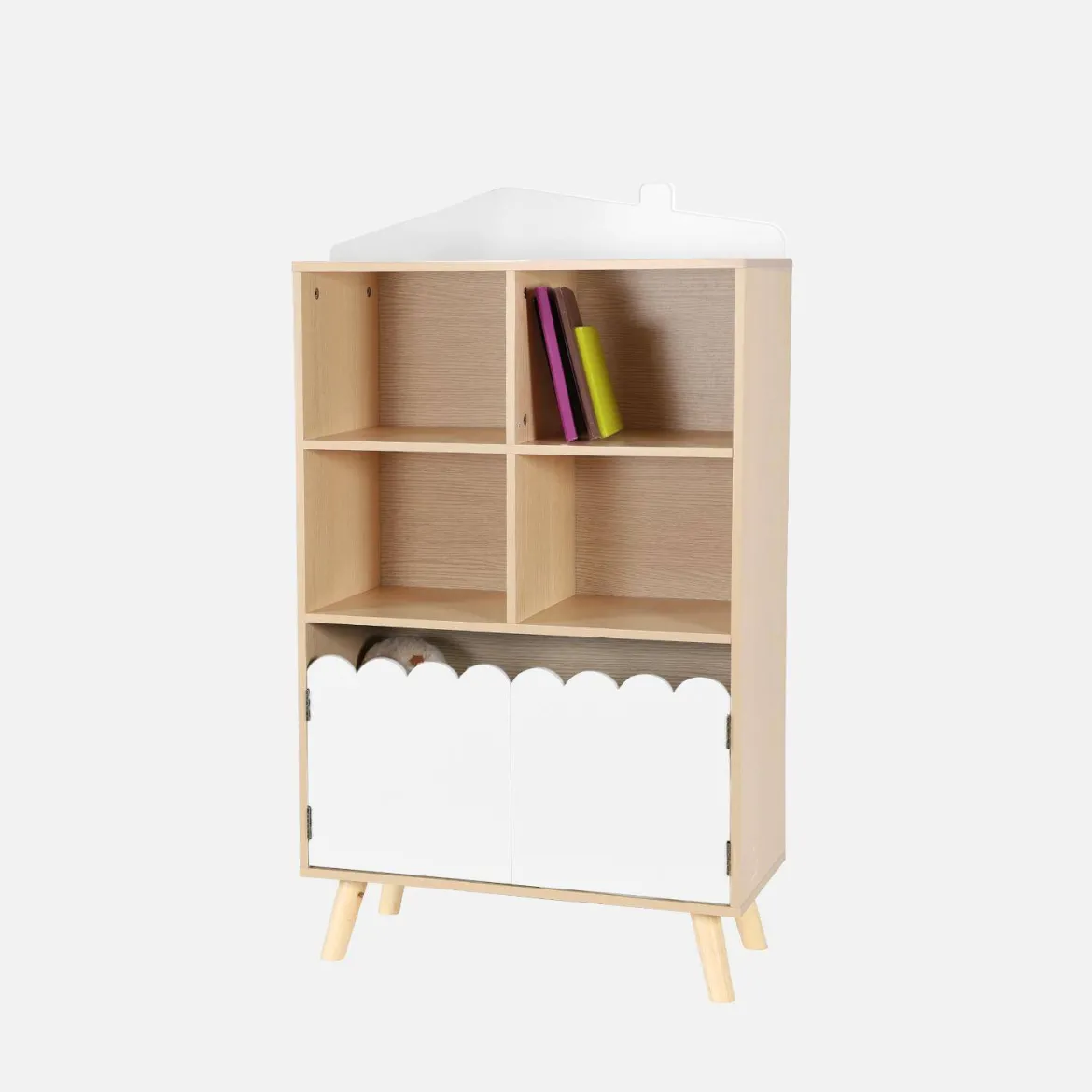 Biblioteca per bambini in legno di pino 2 porte e 4 scaffali