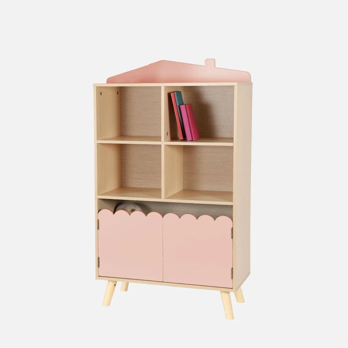 Biblioteca per bambini in legno di pino 2 porte e 4 scaffali