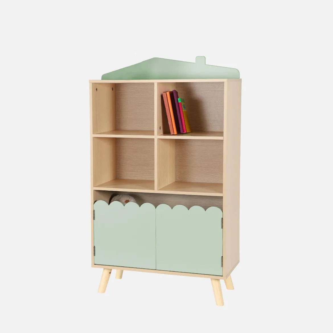 Biblioteca per bambini in legno di pino 2 porte e 4 scaffali