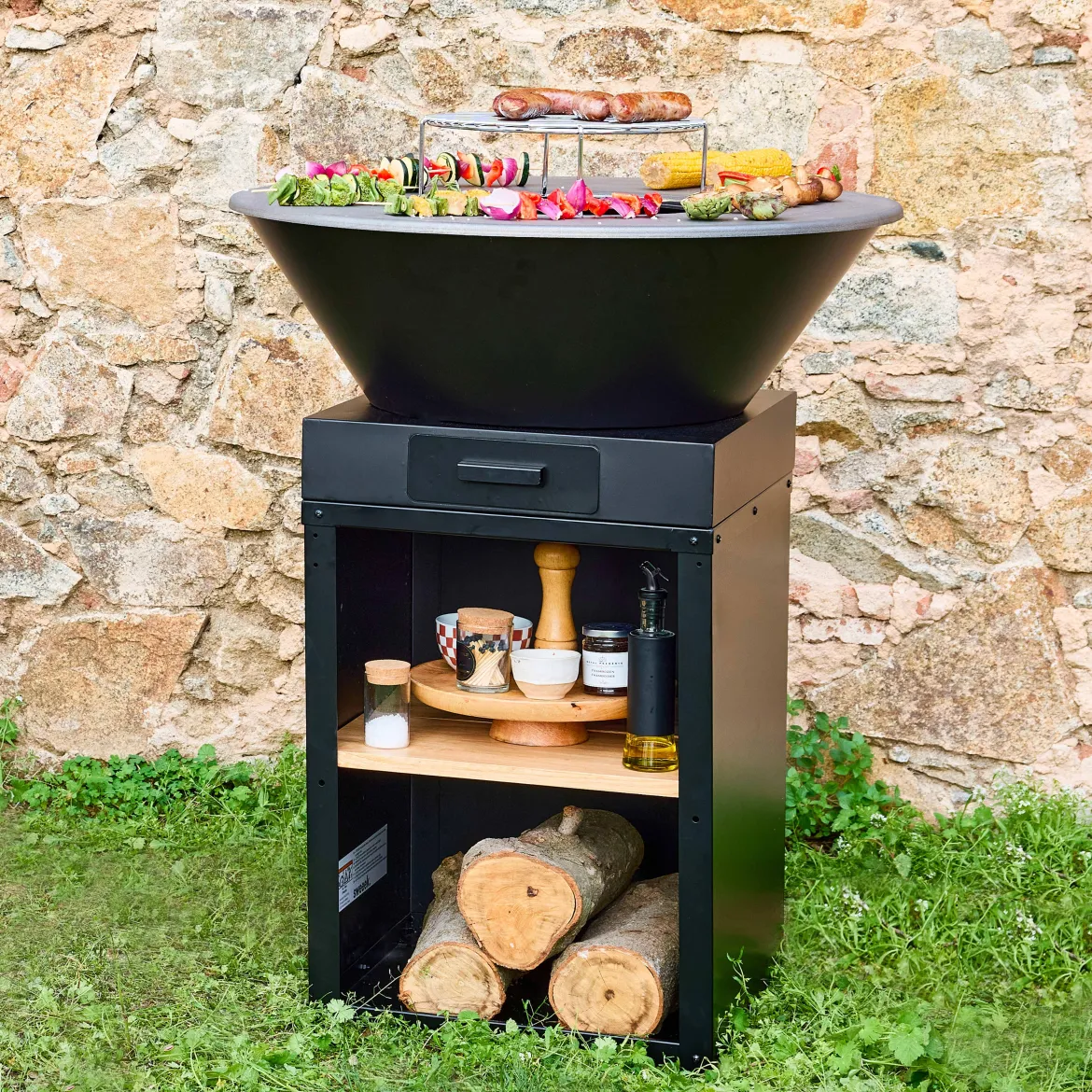Braciere barbecue con vano portalegna e copertura, Ø81,5cm