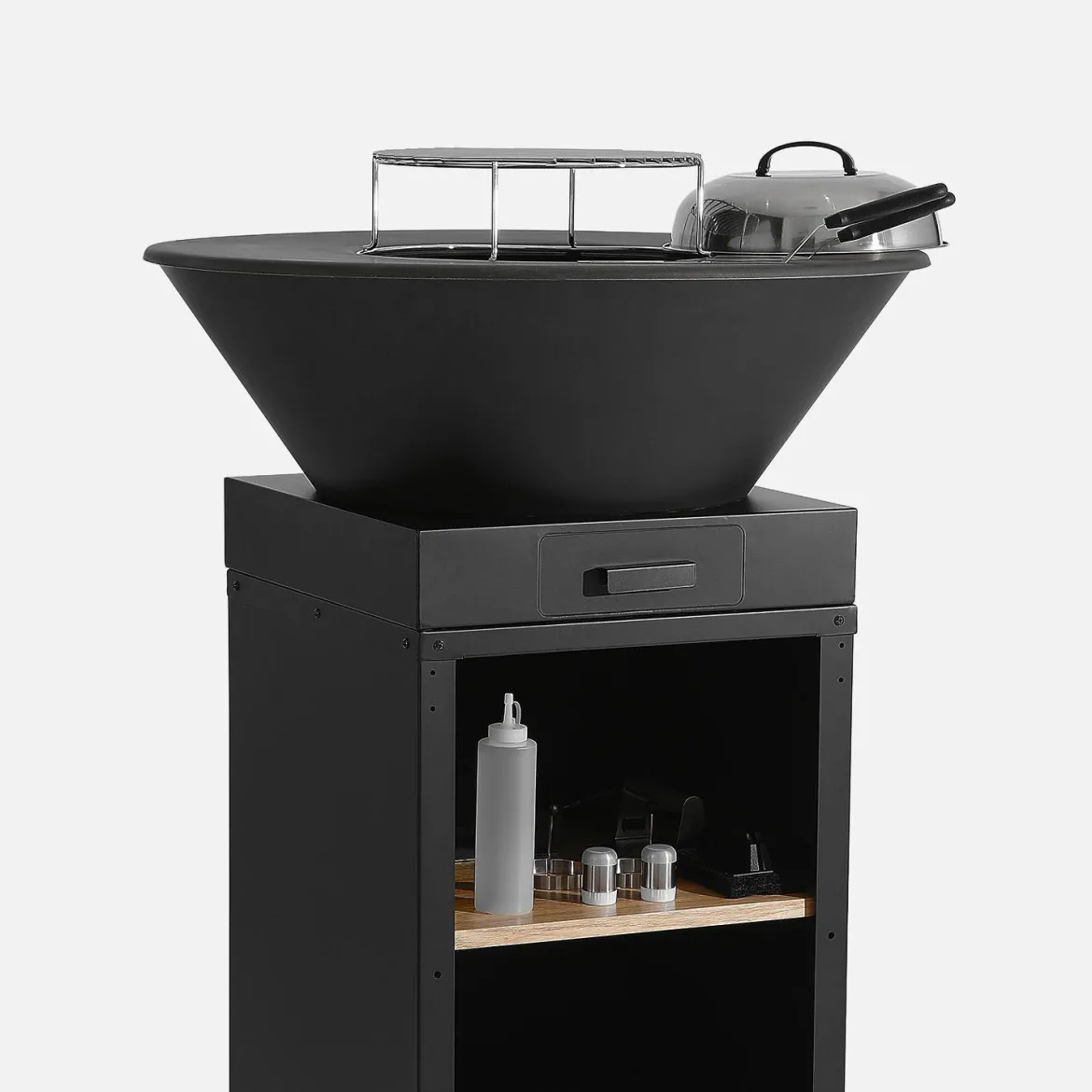 Braciere barbecue con vano portalegna, coperchio e utensili, Ø81,5cm