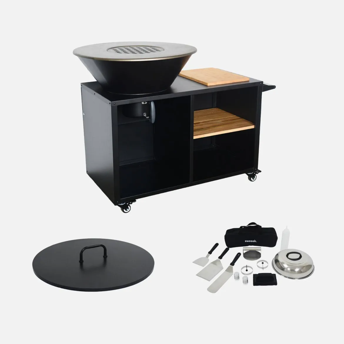 Braciere barbecue su carrello con vano portaoggetti, coperchio e utensili, Ø80cm