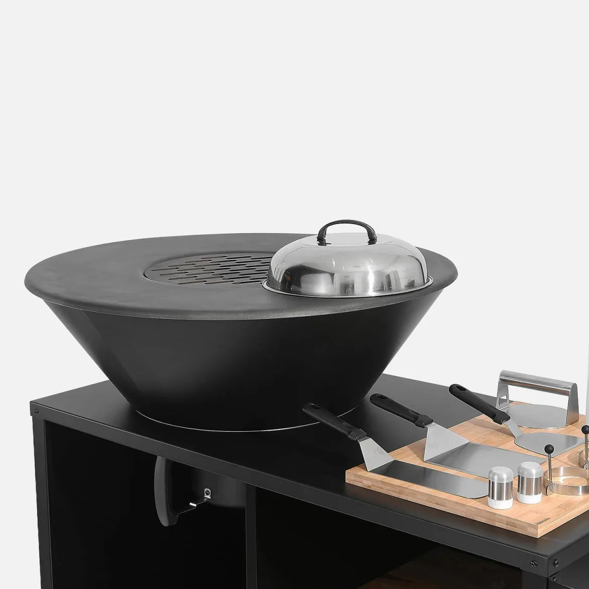 Braciere barbecue su carrello con vano portaoggetti, coperchio e utensili, Ø80cm