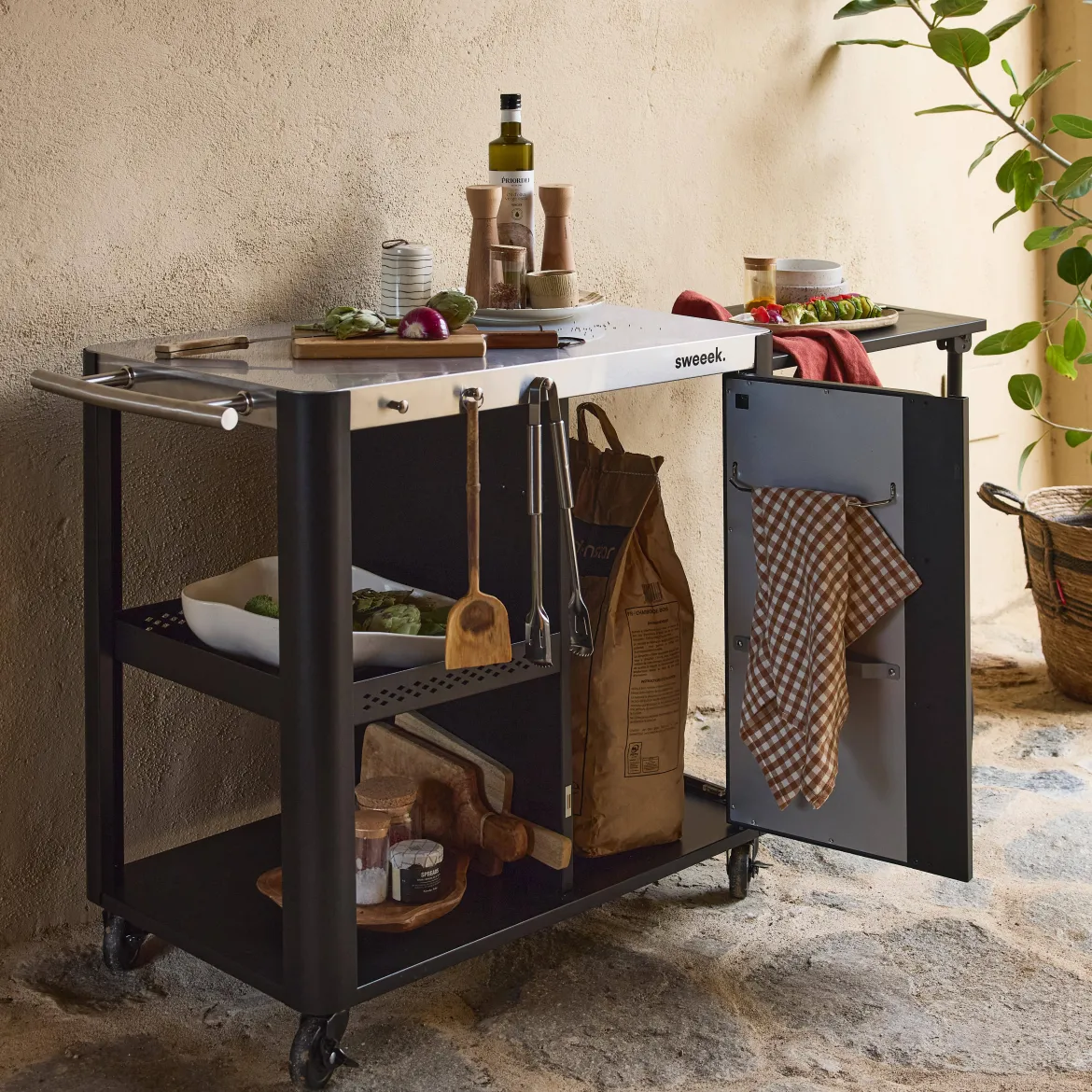 Carrello da cucina da esterno in acciaio con tavolino pieghevole, 94.5cm
