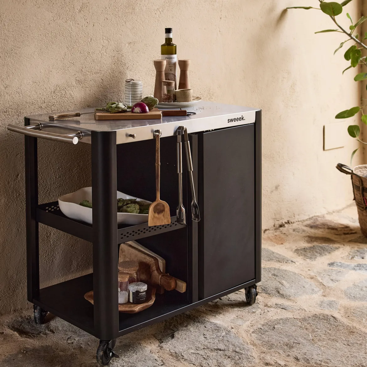 Carrello da cucina da esterno in acciaio con tavolino pieghevole, 94.5cm
