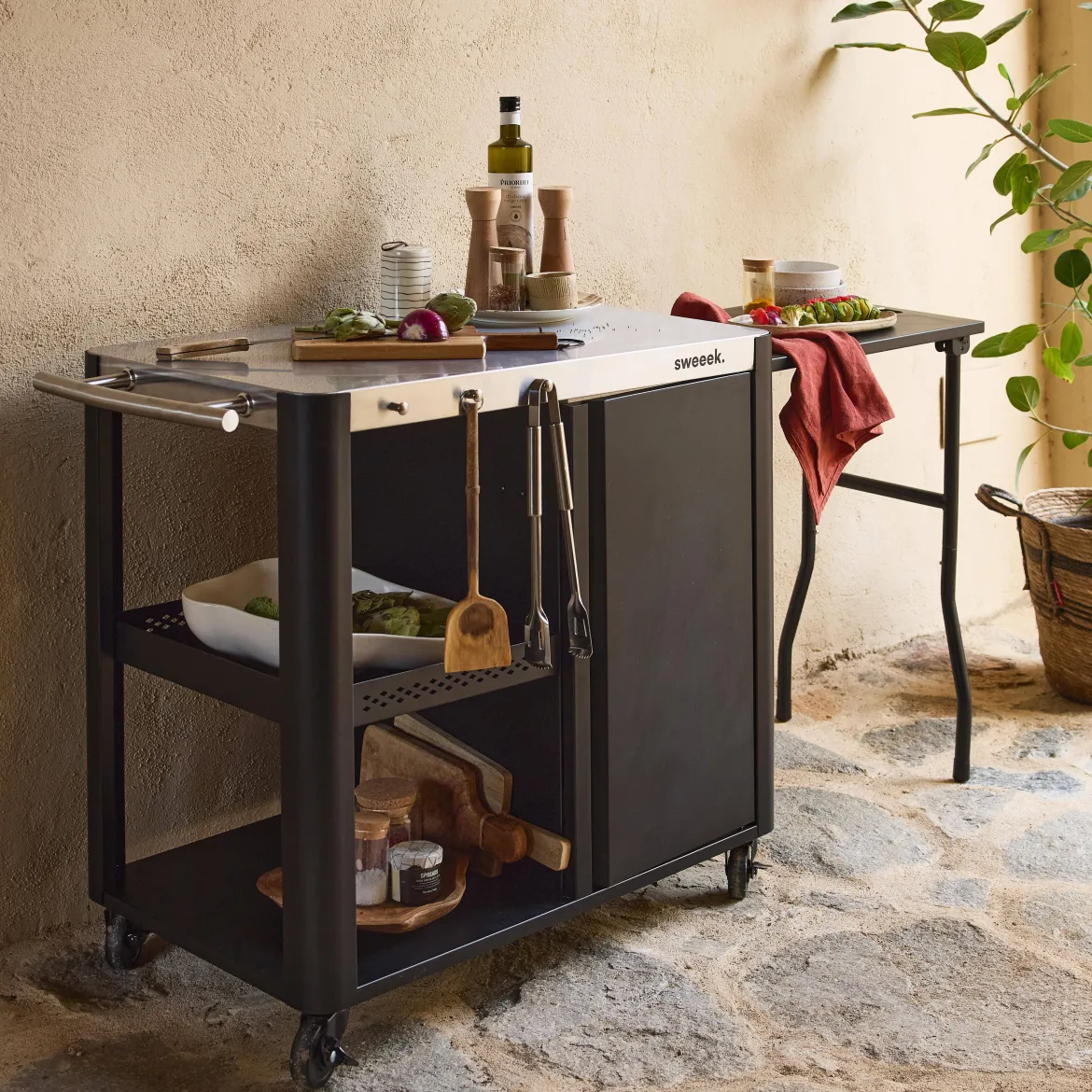Carrello da cucina da esterno in acciaio con tavolino pieghevole, 94.5cm