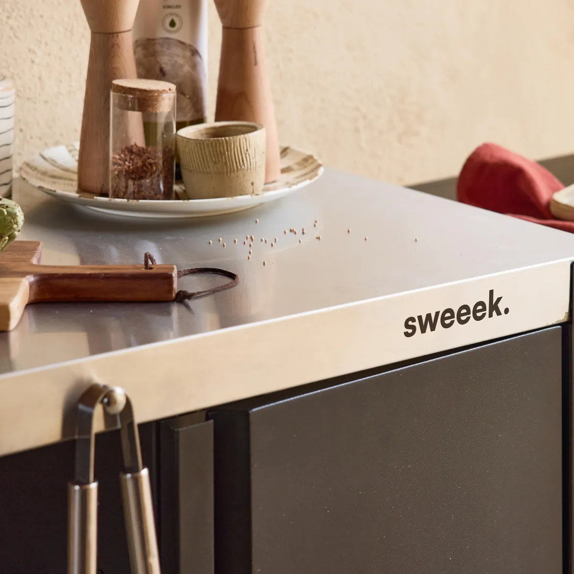 Carrello da cucina da esterno in acciaio con tavolino pieghevole, 94.5cm
