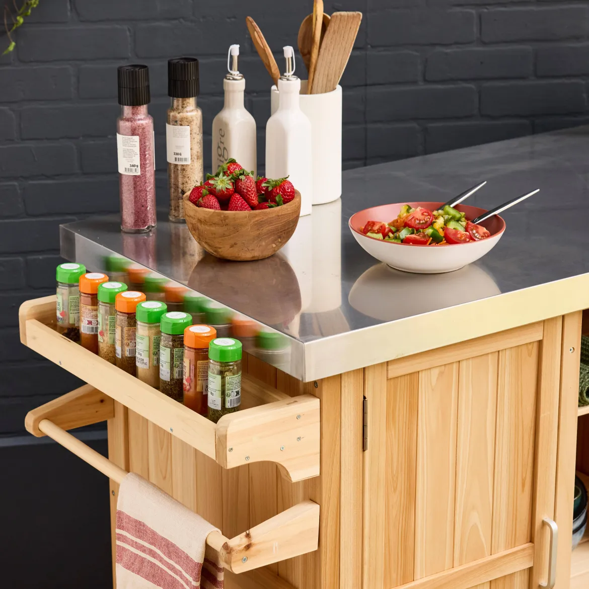 Carrello da cucina da esterno in legno con maniglie e 7 vani portaoggetti, 130cm
