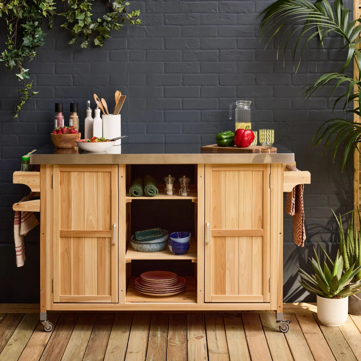 Carrello da cucina da esterno in legno con maniglie e 7 vani portaoggetti, 130cm