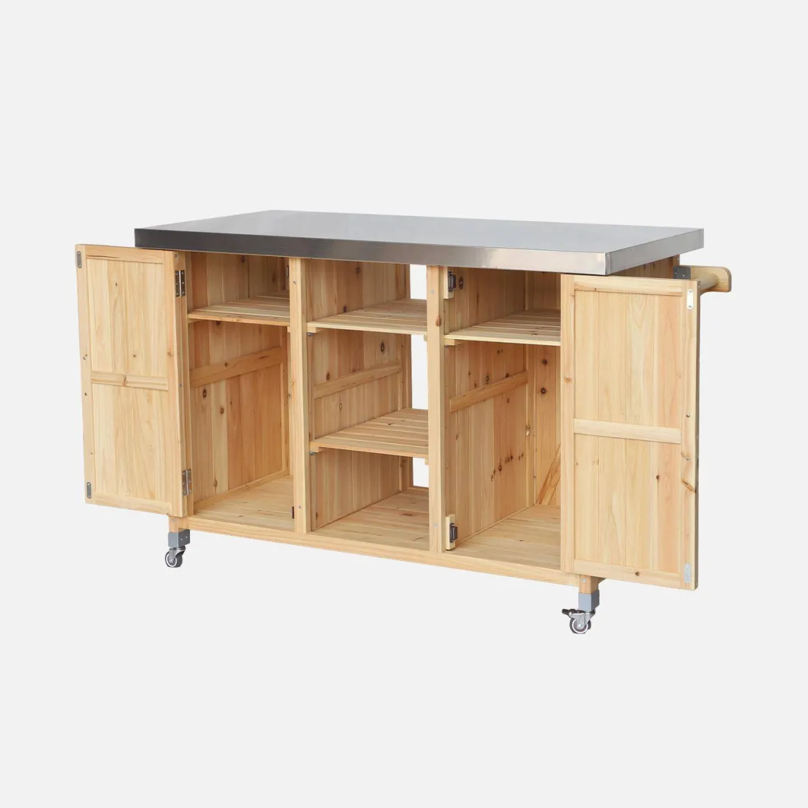 Carrello da cucina da esterno in legno con maniglie e 7 vani portaoggetti, 130cm