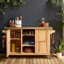 Carrello da cucina da esterno in legno con maniglie e 7 vani portaoggetti, 130cm
