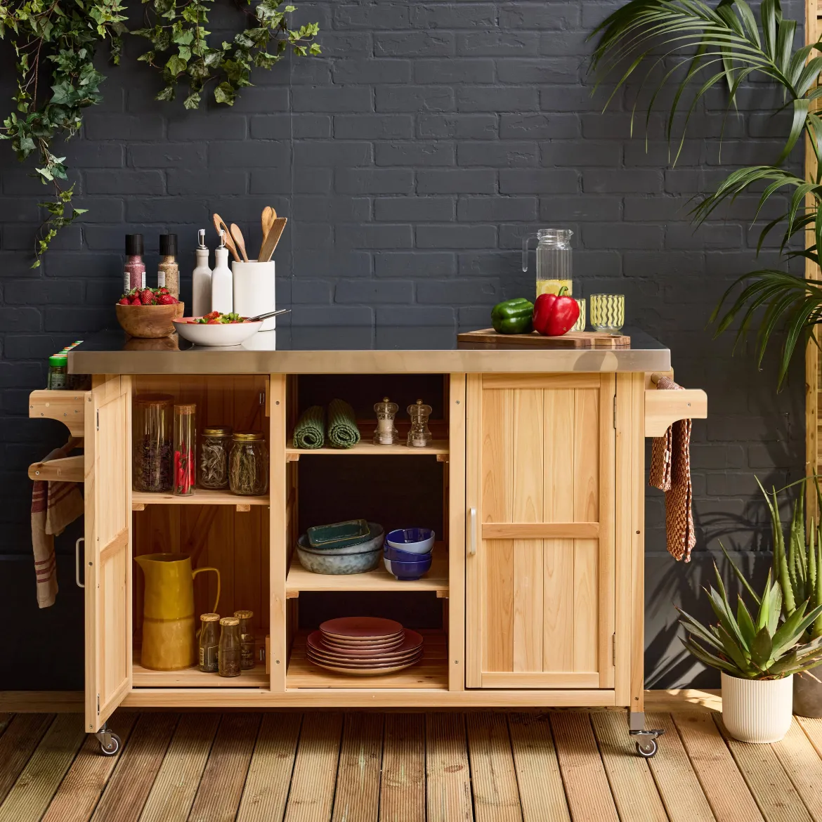 Carrello da cucina da esterno in legno con maniglie e 7 vani portaoggetti, 130cm