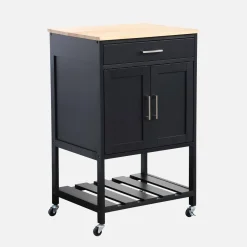 Carrello da cucina in legno di gomma con 2 ripiani, 56cm