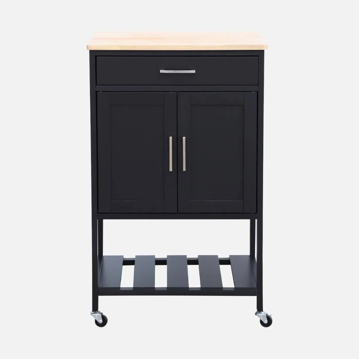 Carrello da cucina in legno di gomma con 2 ripiani, 56cm
