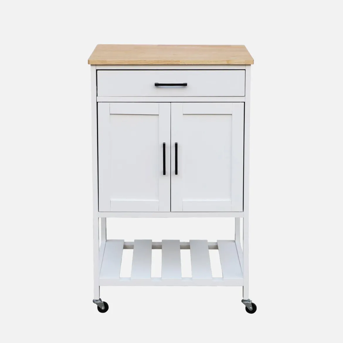 Carrello da cucina in legno di gomma con 2 ripiani, 56cm