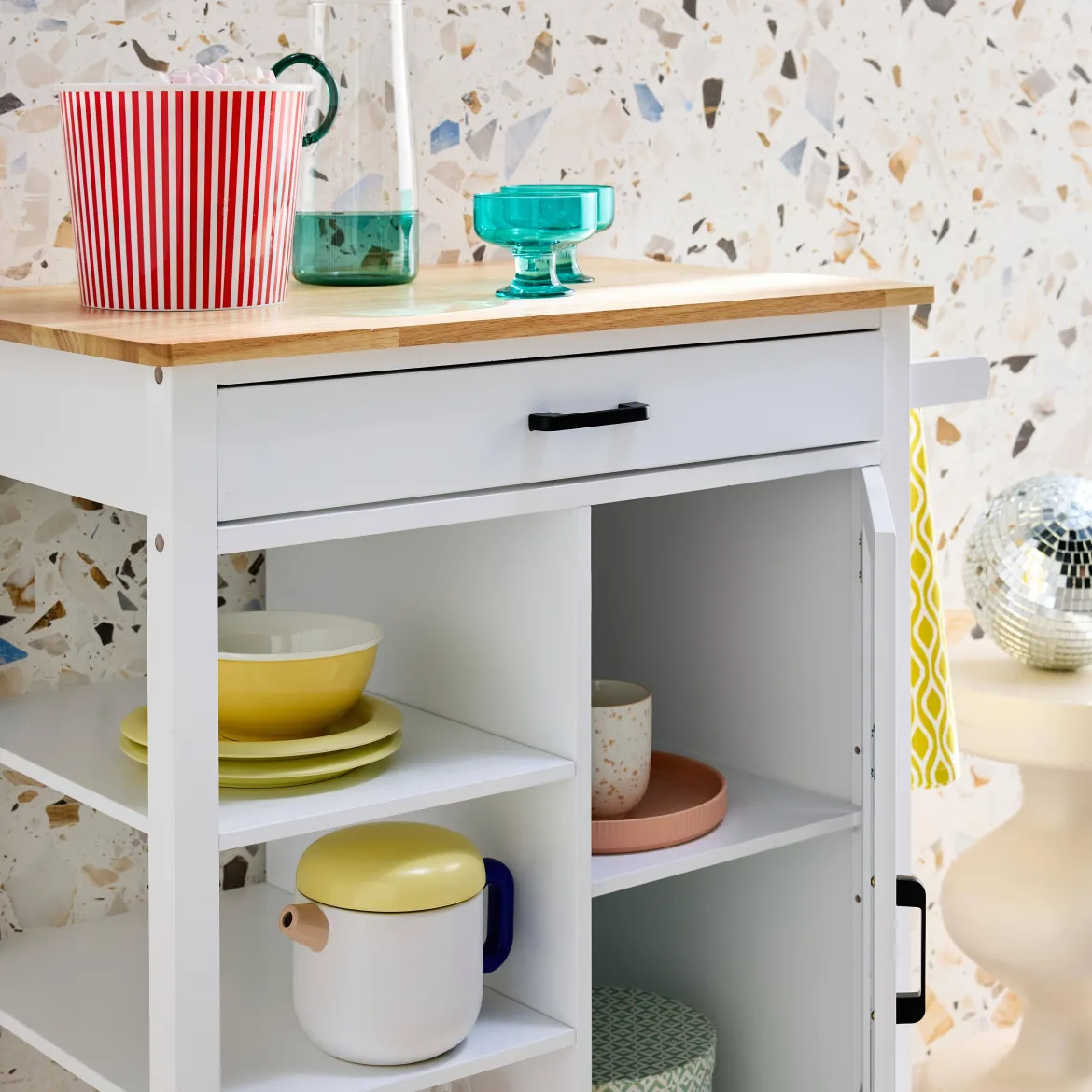 Carrello da cucina in legno di gomma con 5 ripiani, 74cm