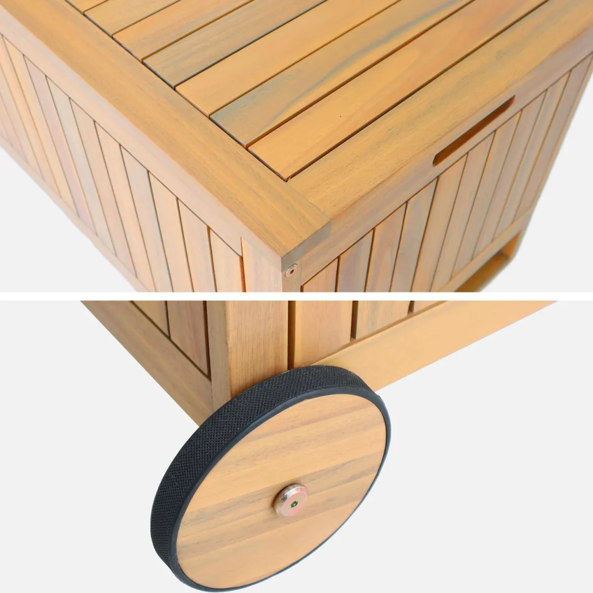 Cassapanca da giardino in legno di acacia con ruote, 119L