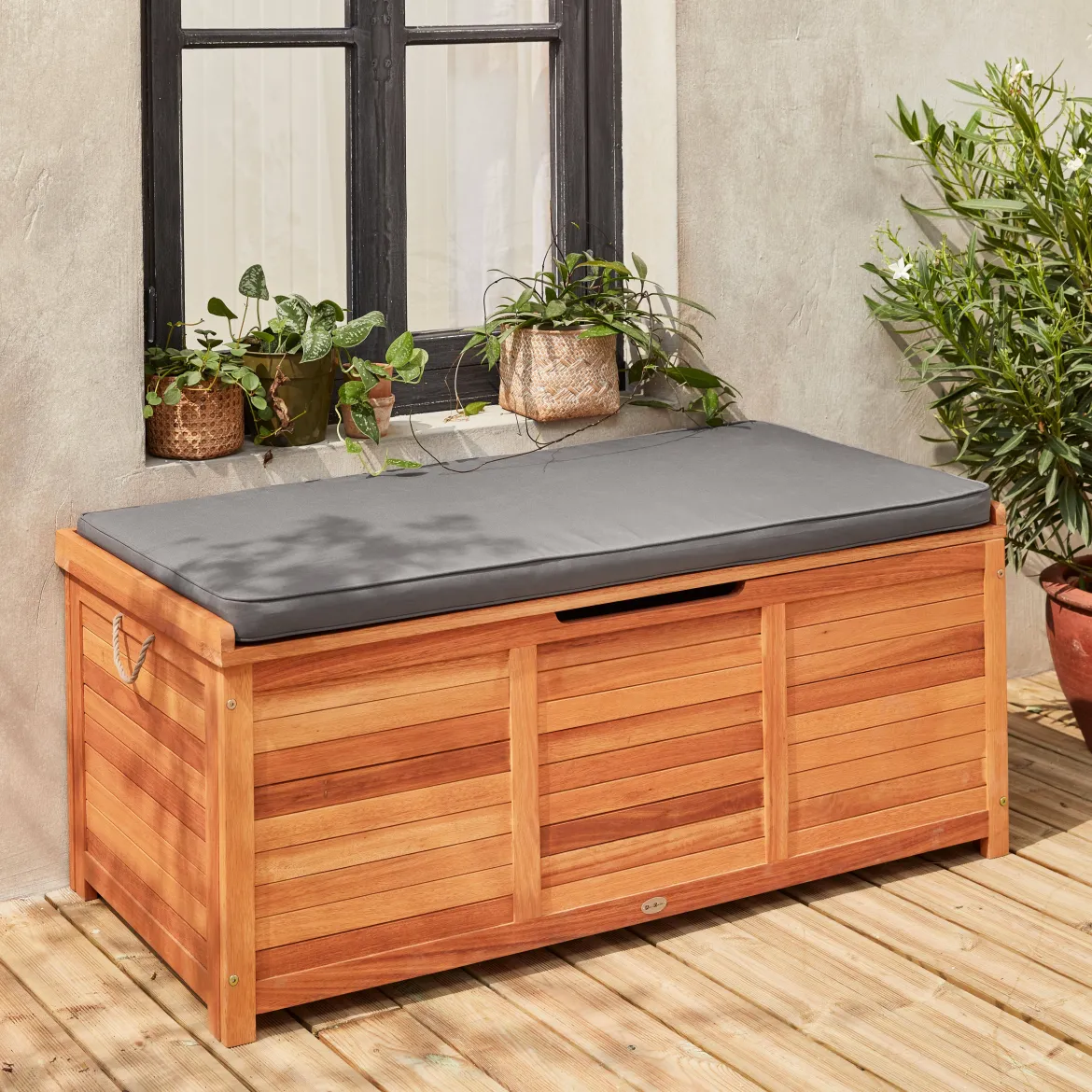 Cassapanca da giardino in legno con maniglie, 200L