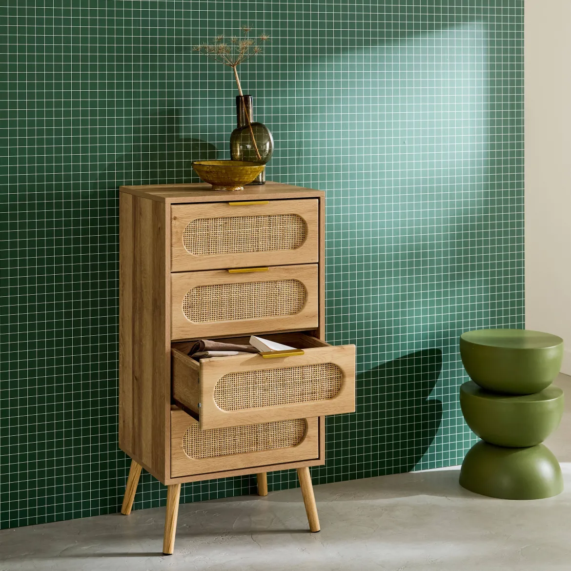 Cassettiera decorata legno con 4 cassetti