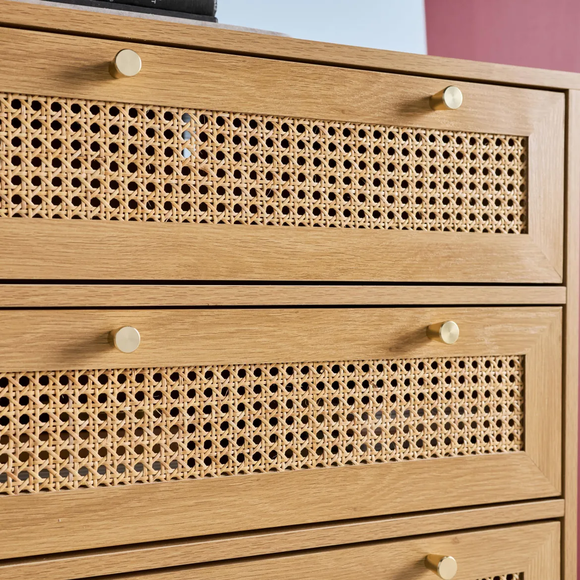 Cassettiera decorativa legno e rattan 6 cassetti