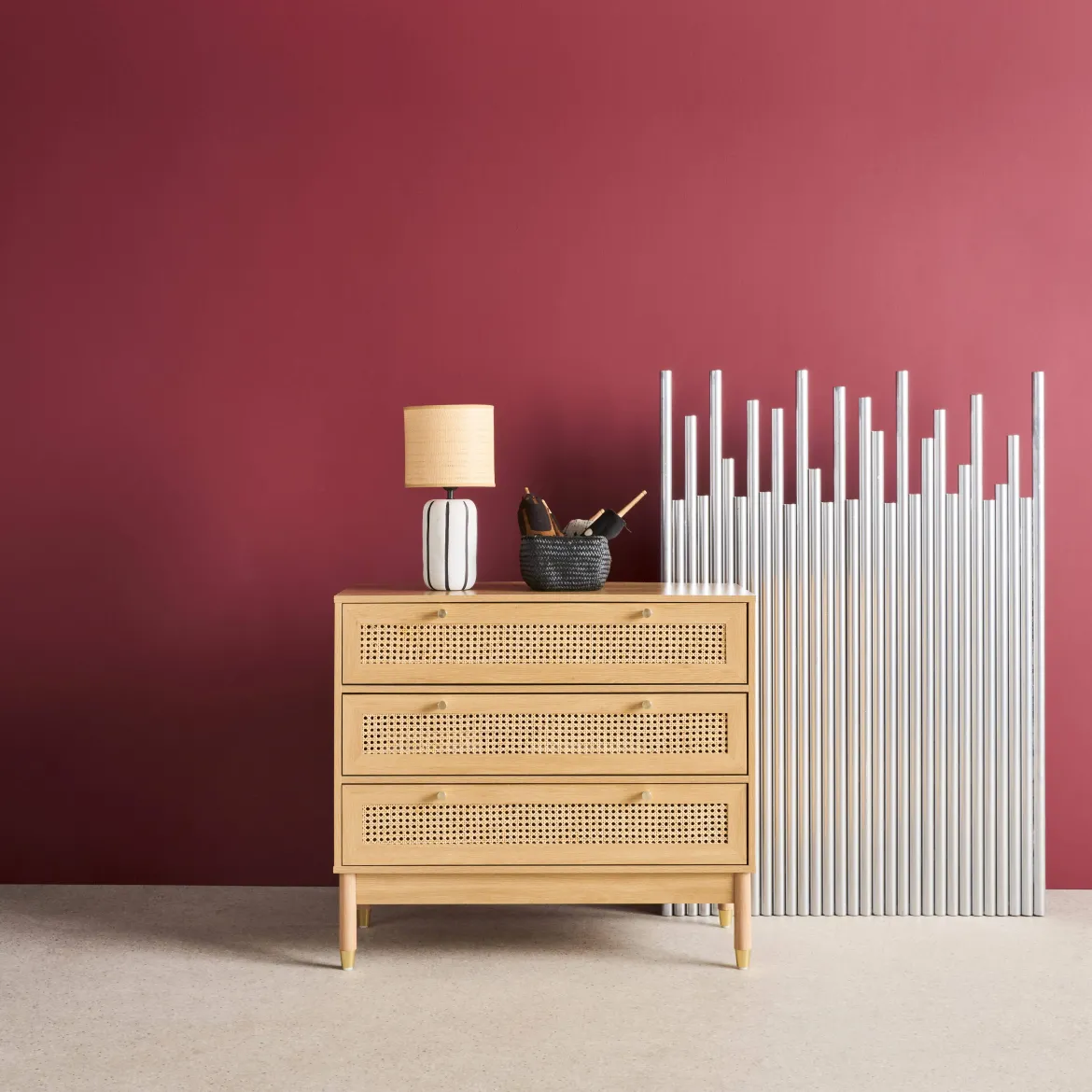 Cassettiera decorazione legno e cannage 3 cassetti