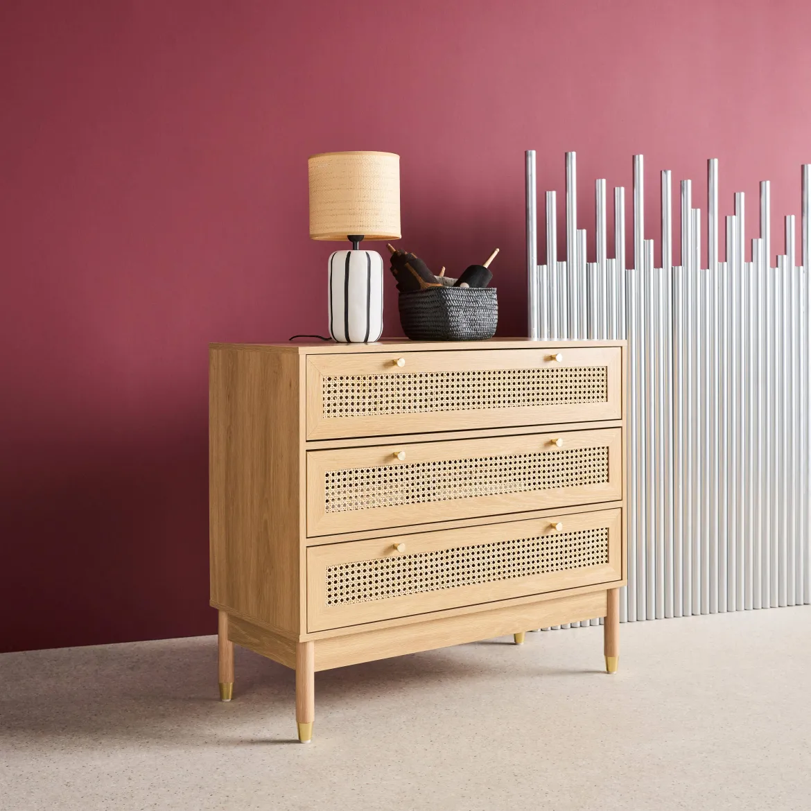 Cassettiera decorazione legno e cannage 3 cassetti