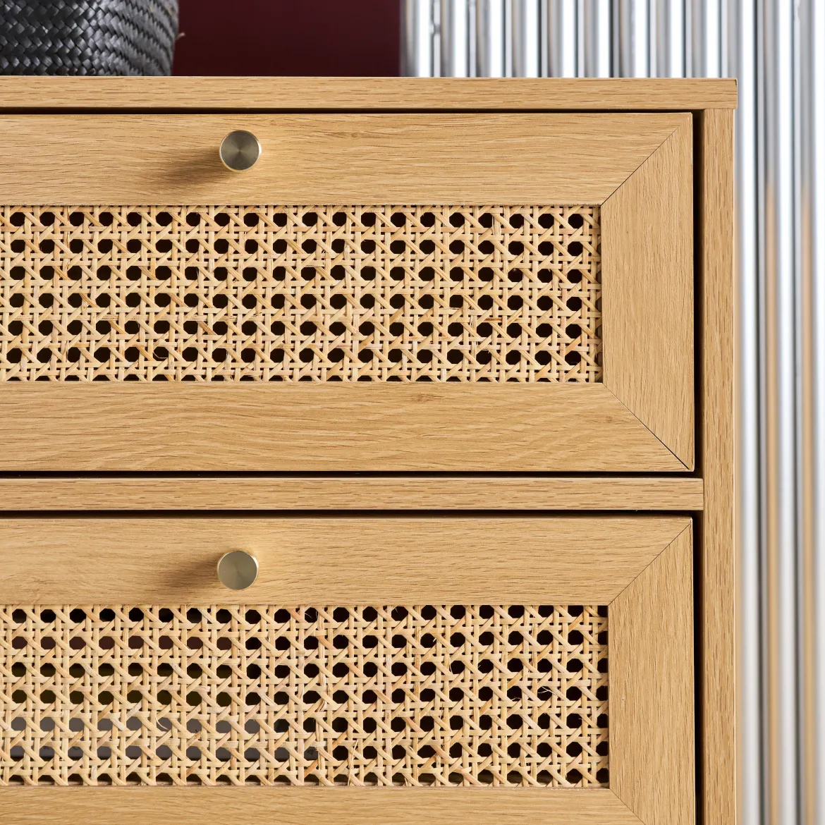 Cassettiera decorazione legno e cannage 3 cassetti