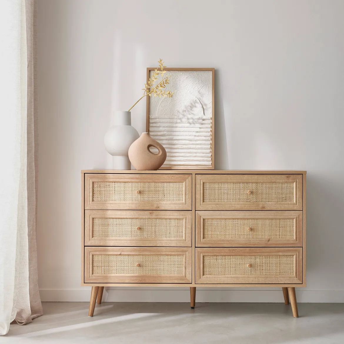 Cassettiera effetto legno e canna a 6 cassetti