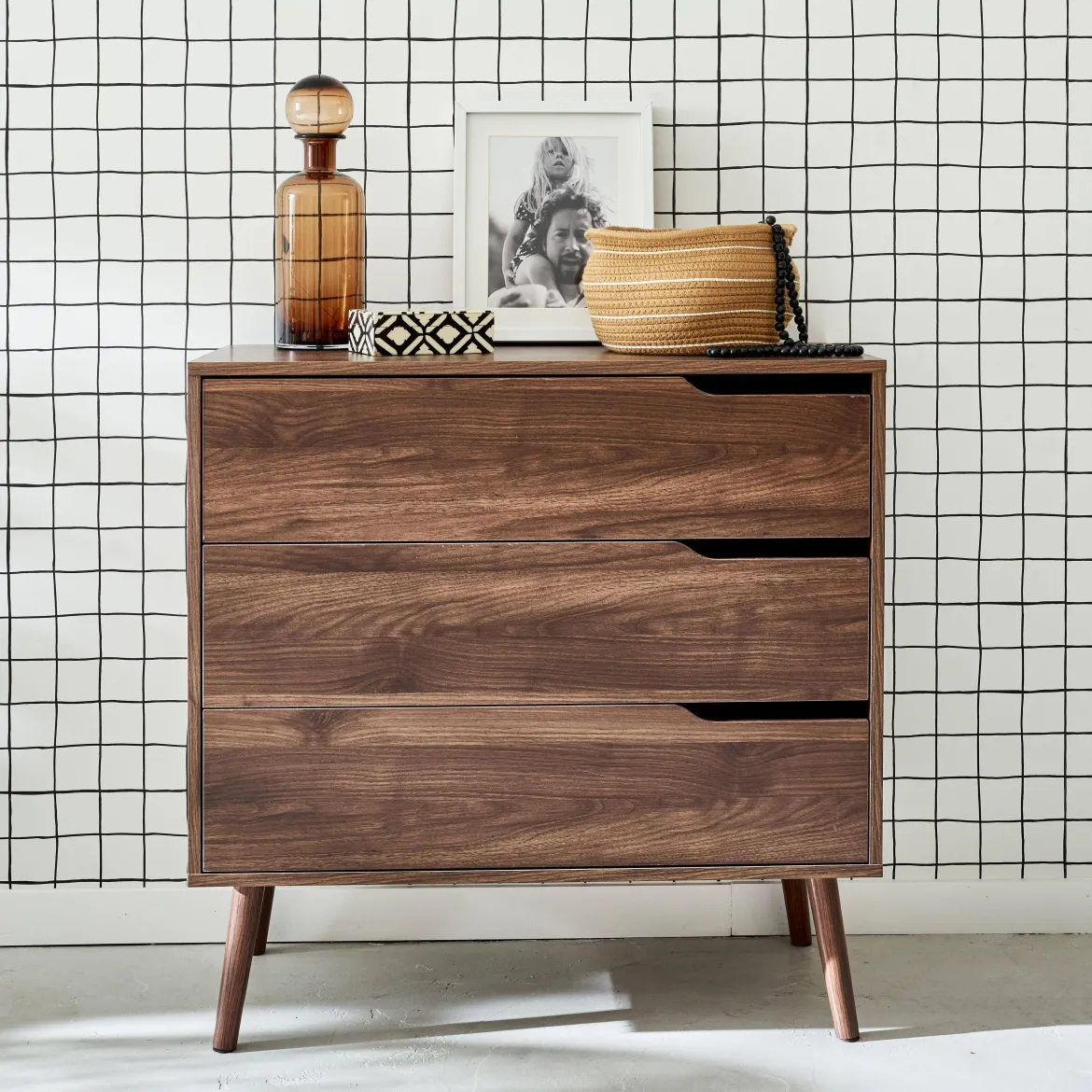Cassettiera effetto legno di noce, 3 cassetti