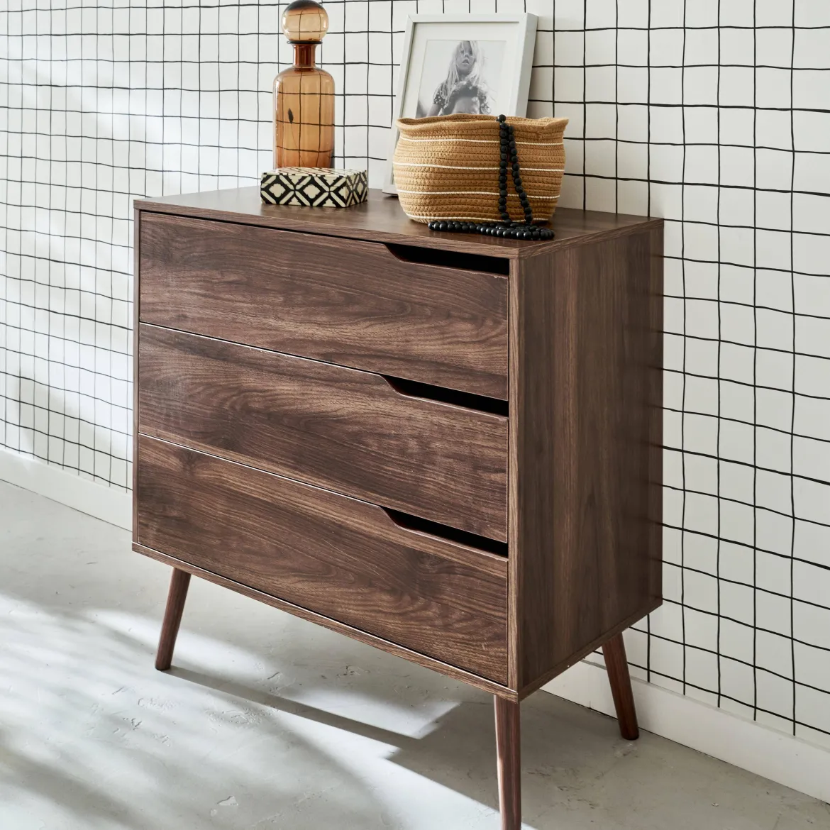 Cassettiera effetto legno di noce, 3 cassetti