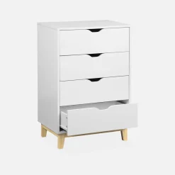 Cassettiera effetto legno con gambe in legno 4 cassetti
