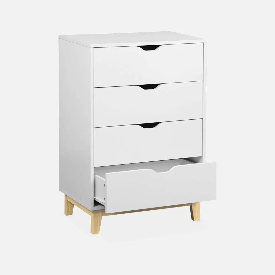 Cassettiera effetto legno con gambe in legno 4 cassetti