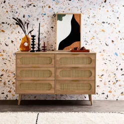 Cassettiera in legno e canna arrotondata, 6 cassetti