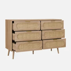 Cassettiera in legno e canna arrotondata, 6 cassetti