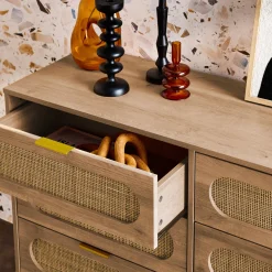 Cassettiera in legno e canna arrotondata, 6 cassetti