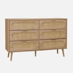 Cassettiera in legno e canna arrotondata, 6 cassetti