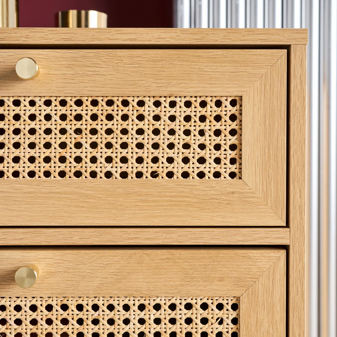 Cassettiera in legno e canna con 4 cassetti