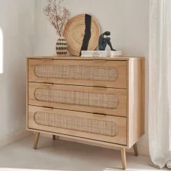 Cassettiera in legno e canna intrecciata, 3 cassetti