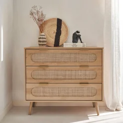 Cassettiera in legno e canna intrecciata, 3 cassetti